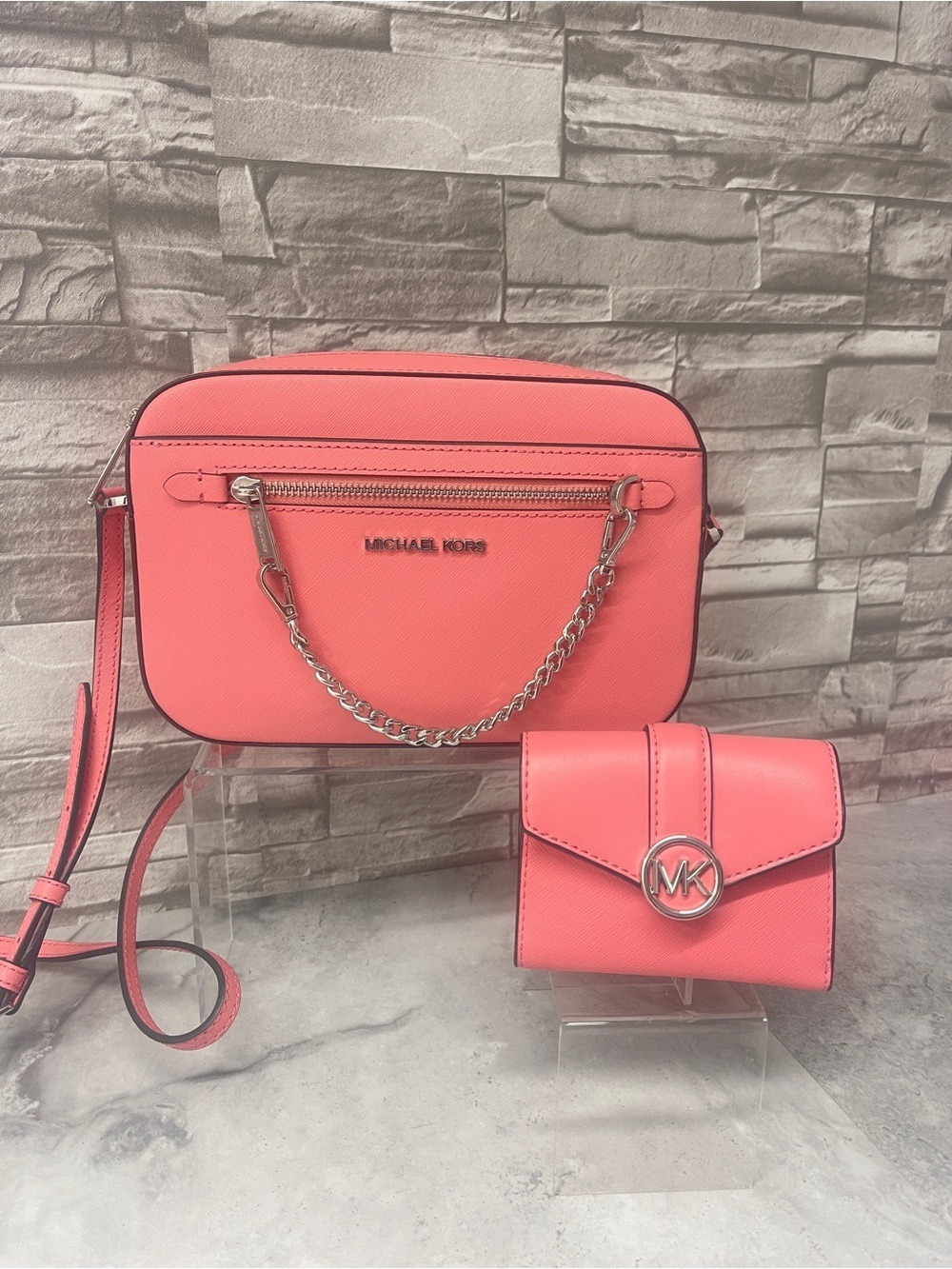Michael Kors Saffiano Leather Chain Crossbody & Matching Wallet Tea Rose Pink
